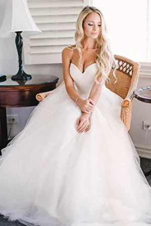 Beautiful A Line Spaghetti Straps Sweep Train Sleeveless Long Tulle Bridal Gown Wedding Dresses OHD167