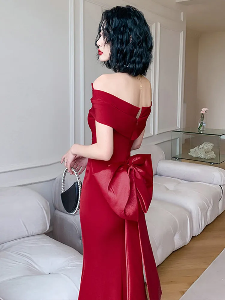 Beautiful Red Off Shoulder Mermaid Evening Dress with Bow, Red Party Dress Formal Dress