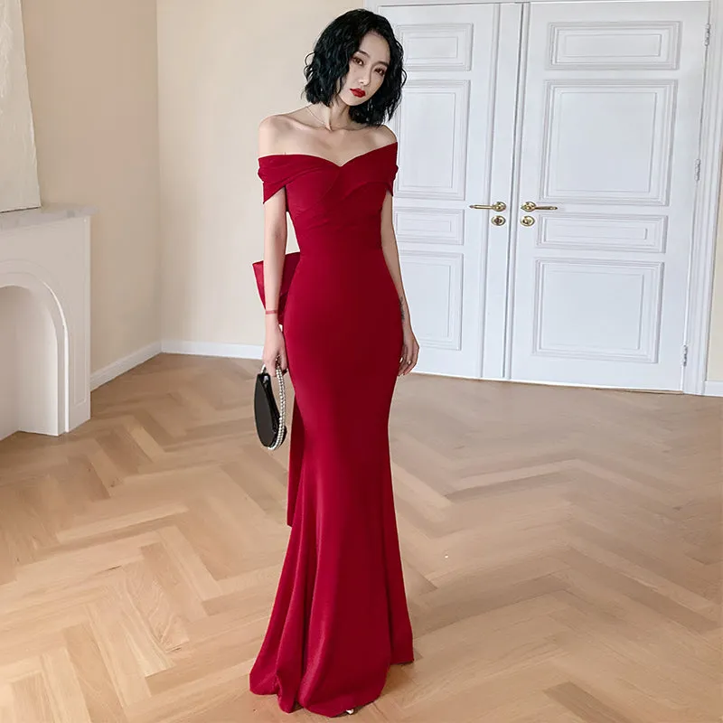 Beautiful Red Off Shoulder Mermaid Evening Dress with Bow, Red Party Dress Formal Dress