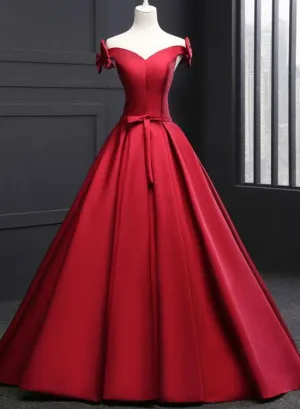 Beautiful Wine Red Satin Long Party Gown, Off Shoulder Prom Dress with Bow
