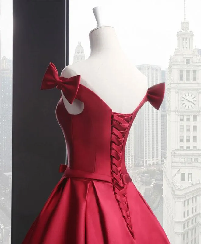 Beautiful Wine Red Satin Long Party Gown, Off Shoulder Prom Dress with Bow