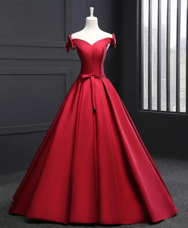 Beautiful Wine Red Satin Long Party Gown, Off Shoulder Prom Dress with Bow
