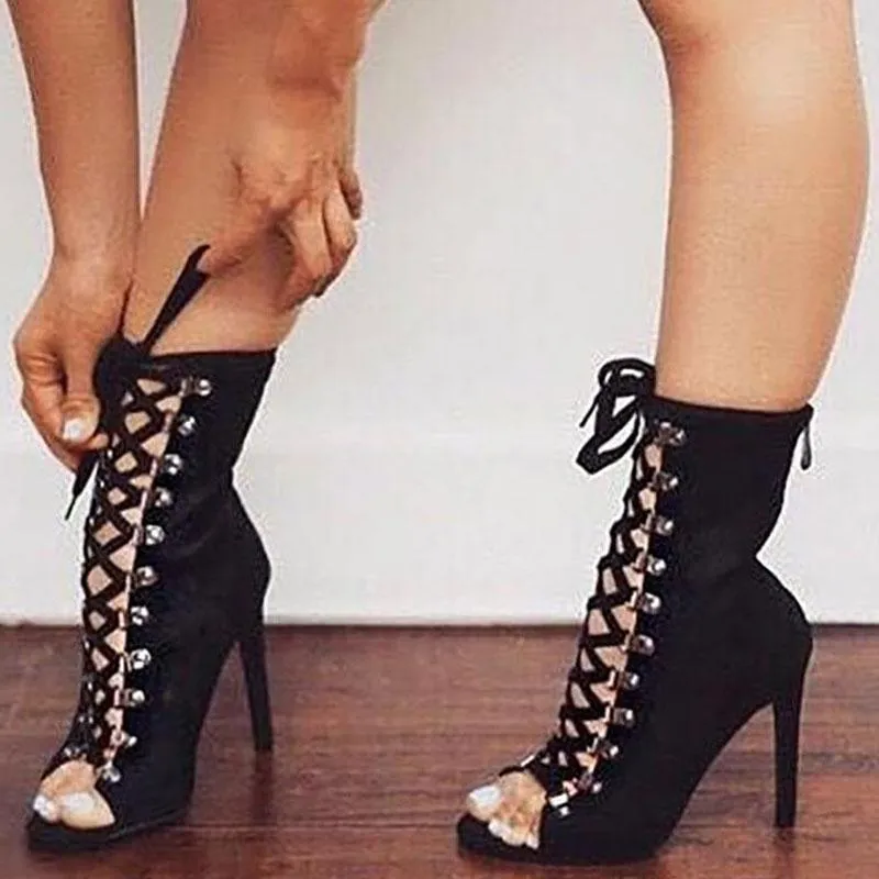 Black Lace-up Peep Toe Zippered Pumps