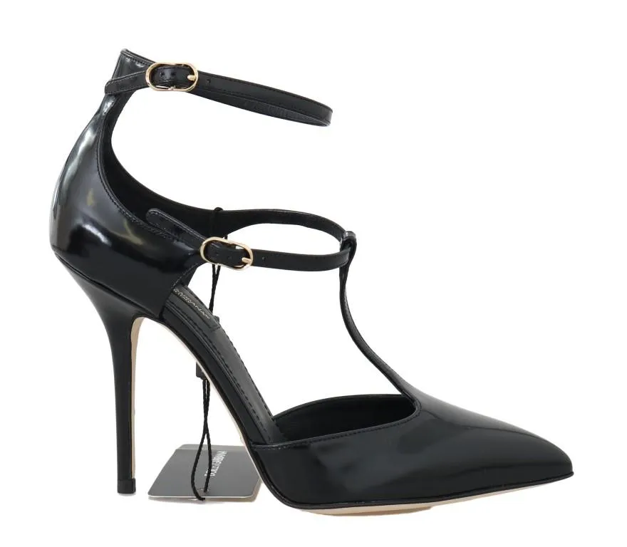Black Leather Heels Ankle Strap Shoes