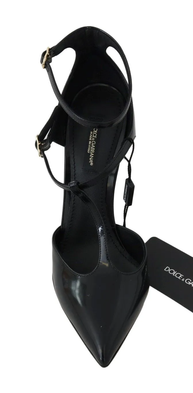 Black Leather Heels Ankle Strap Shoes