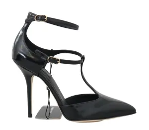 Black Leather Heels Ankle Strap Shoes