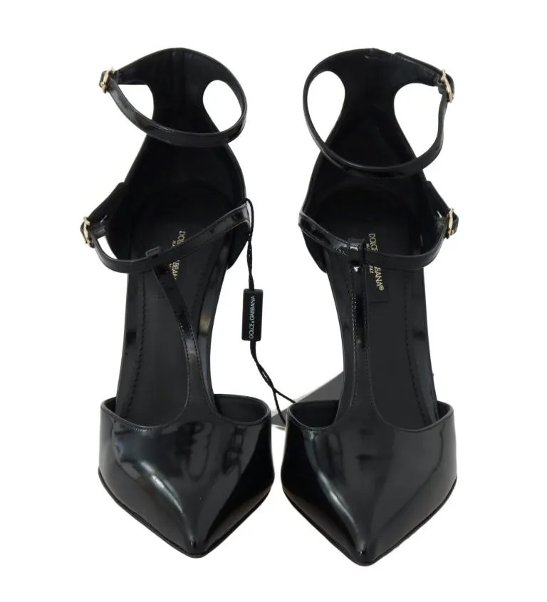 Black Leather Heels Ankle Strap Shoes