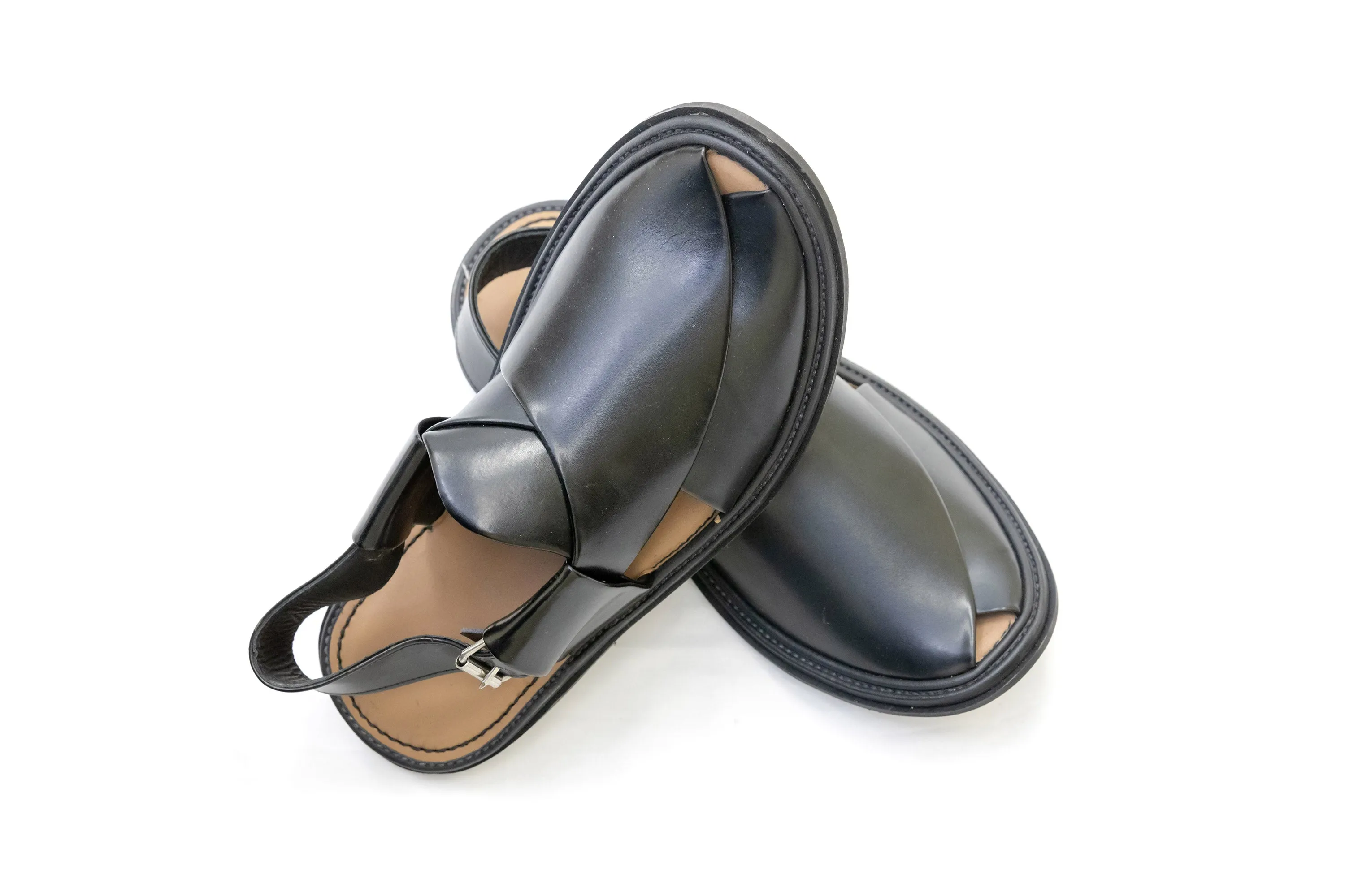 Black Leather Peshawari Chappal - Sandals - Men's