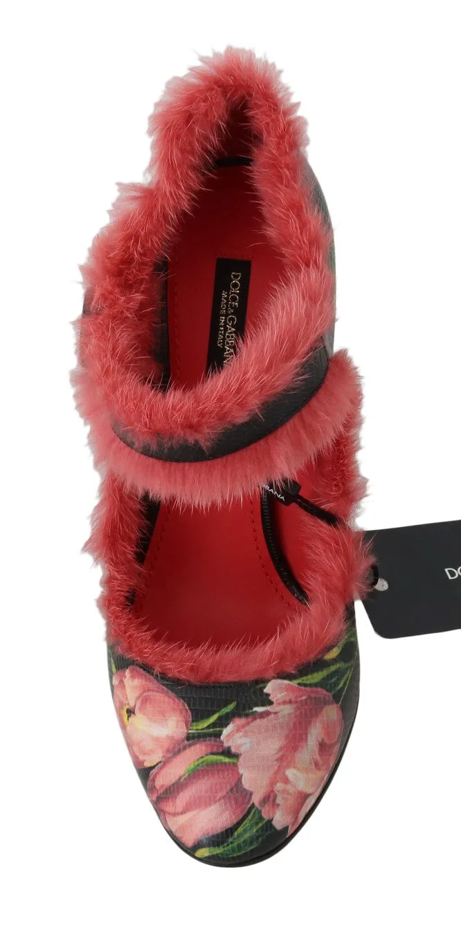 Black Leather Tulip Pink Mink Fur Shoes