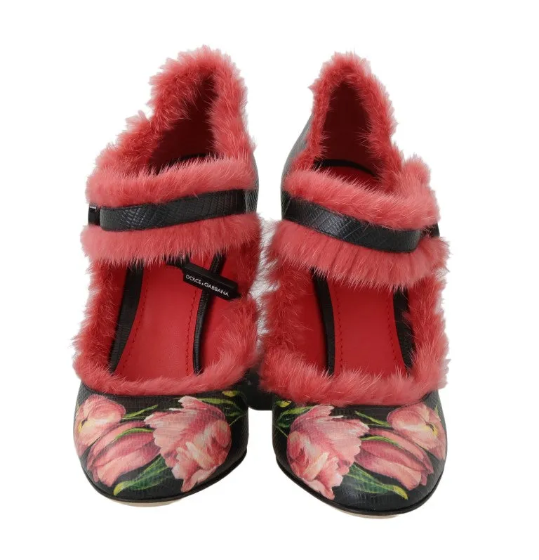 Black Leather Tulip Pink Mink Fur Shoes