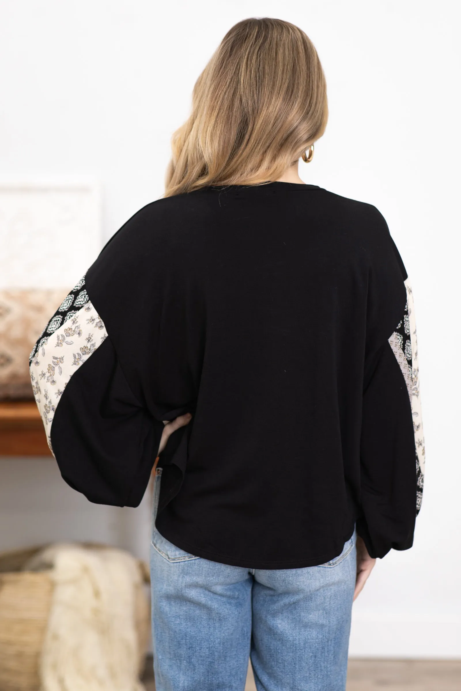 Black Top With Boho Print Balloon Sleeves