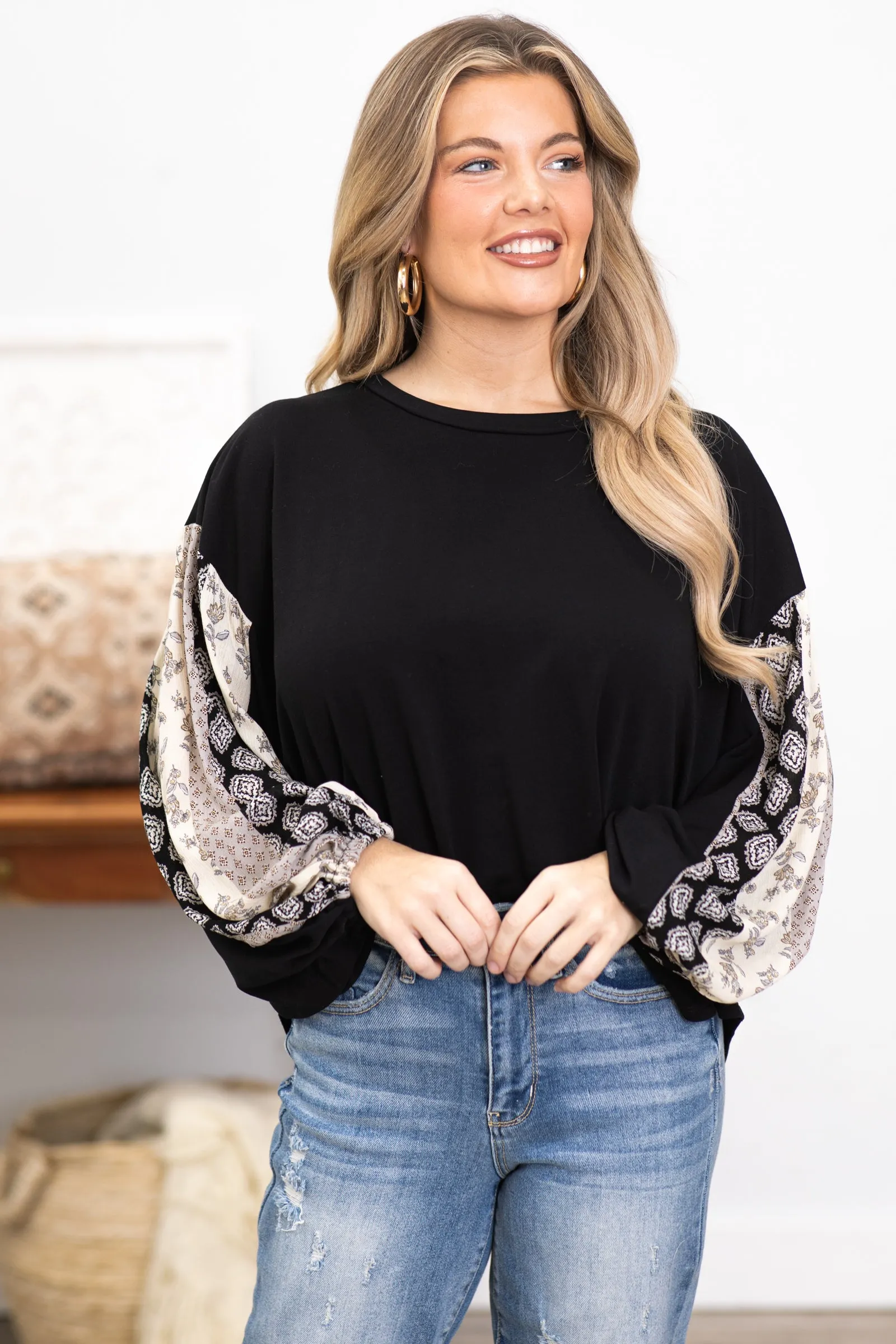 Black Top With Boho Print Balloon Sleeves