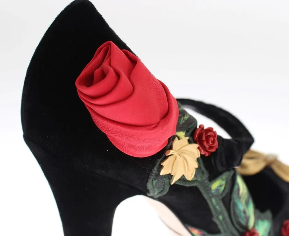 Black Velvet Roses Mary Janes Pumps Shoes for Women with Gold Bow