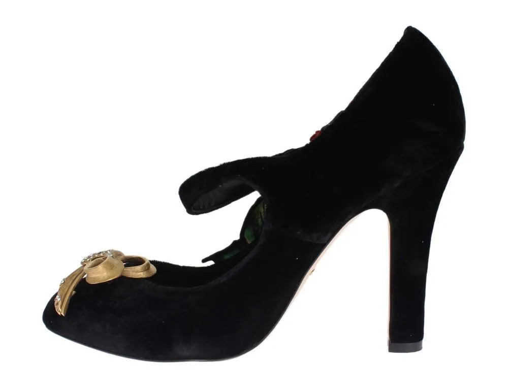 Black Velvet Roses Mary Janes Pumps Shoes for Women with Gold Bow
