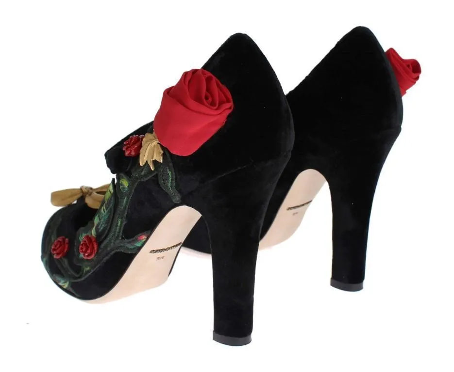 Black Velvet Roses Mary Janes Pumps Shoes for Women with Gold Bow