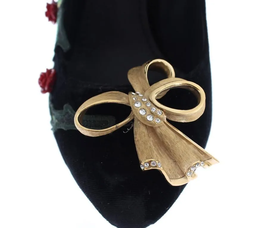 Black Velvet Roses Mary Janes Pumps Shoes for Women with Gold Bow