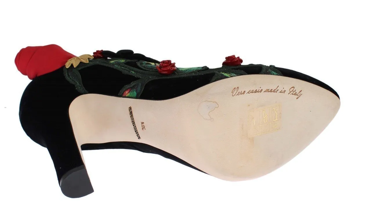 Black Velvet Roses Mary Janes Pumps Shoes for Women with Gold Bow
