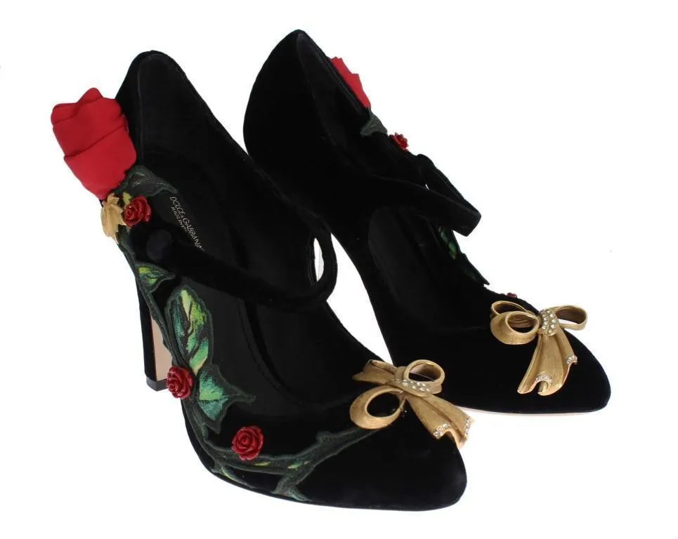 Black Velvet Roses Mary Janes Pumps Shoes for Women with Gold Bow