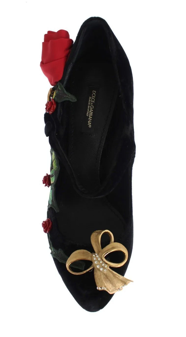 Black Velvet Roses Mary Janes Pumps Shoes for Women with Gold Bow