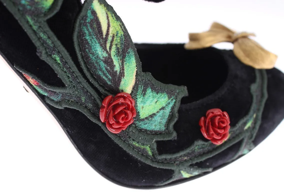 Black Velvet Roses Mary Janes Pumps Shoes for Women with Gold Bow