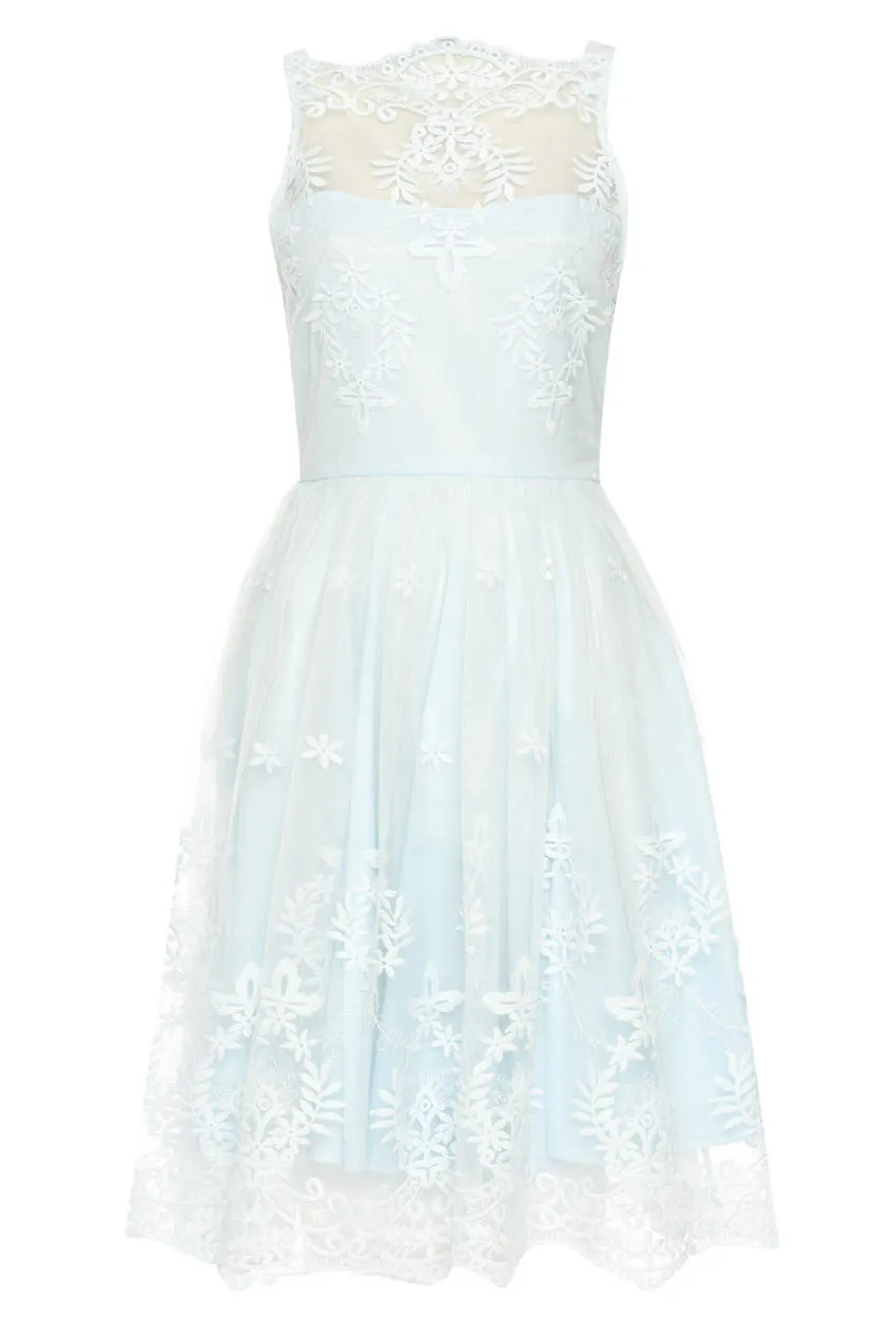 Blue Lace Detail Dress With Full Skirt