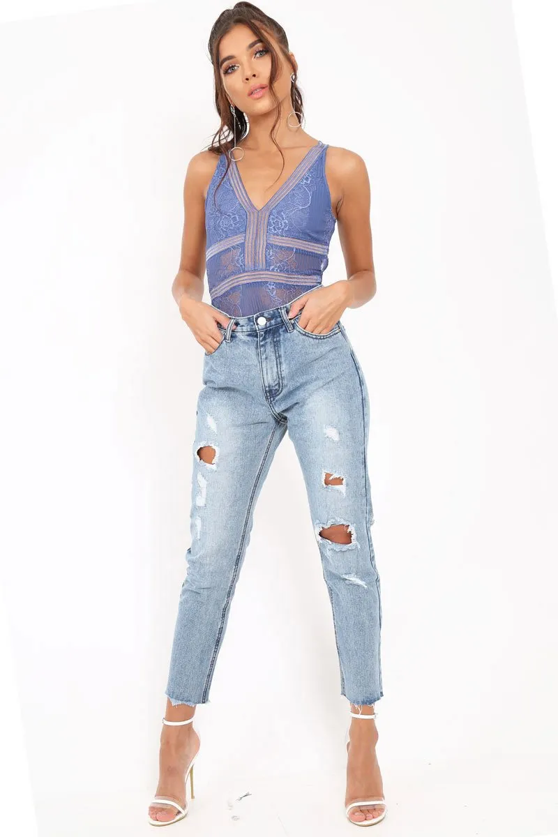 Blue Lace Sleeveless Open Back Bodysuit - Molina