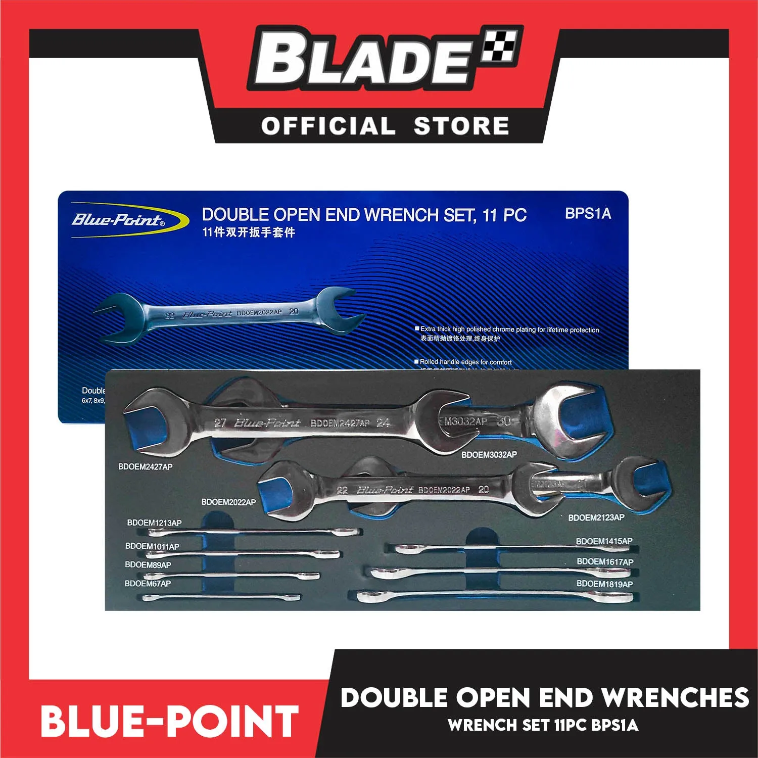 Blue-Point Double Open End Wrench Set (BPS1A) Set Of 11pcs, Extra Thick High Polished Chrome Plating Industrial Tools