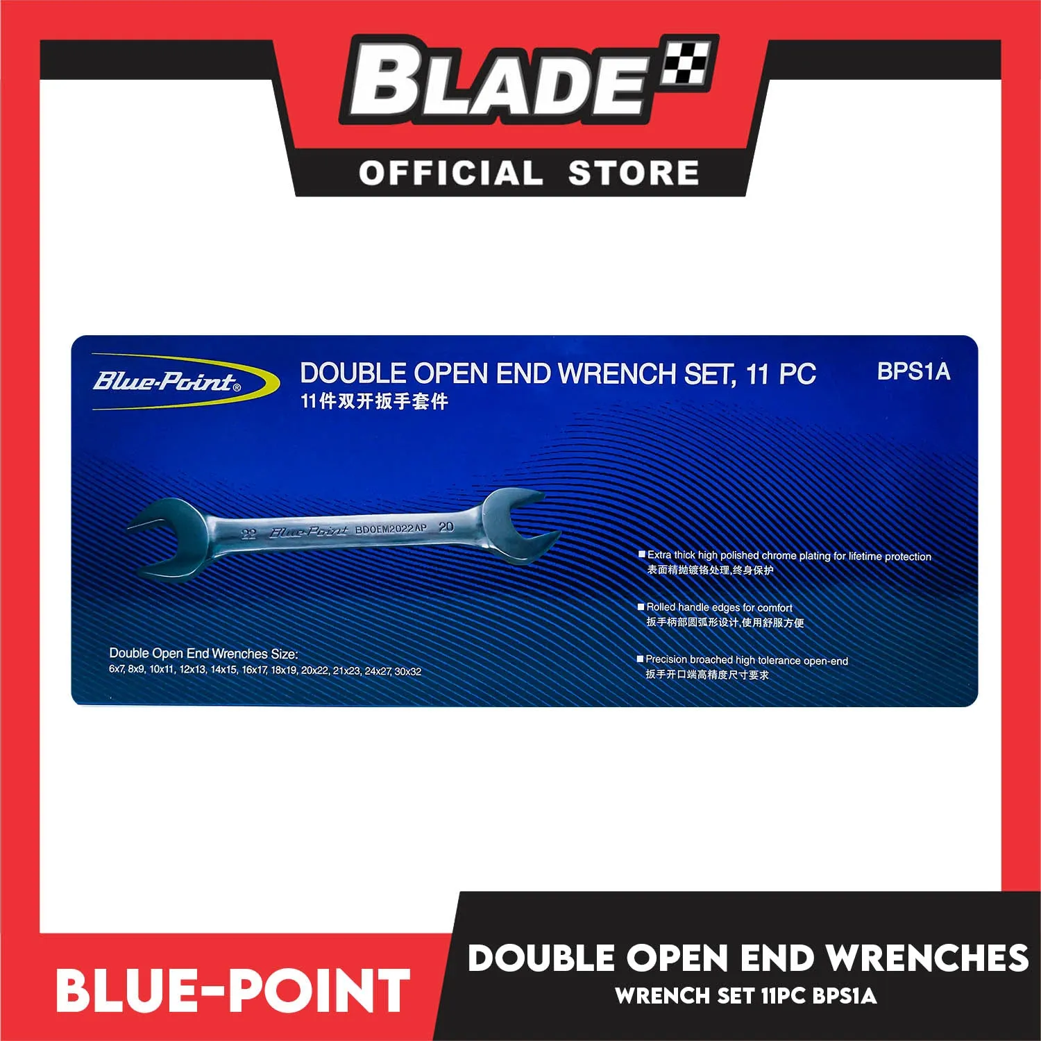 Blue-Point Double Open End Wrench Set (BPS1A) Set Of 11pcs, Extra Thick High Polished Chrome Plating Industrial Tools