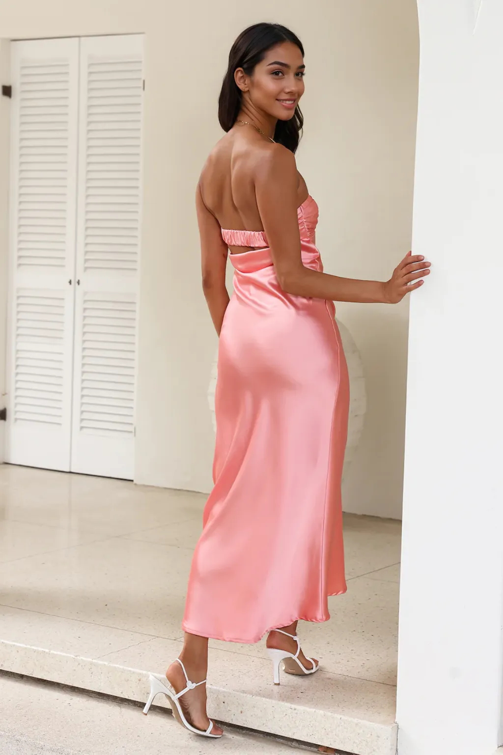 Bonded Connection Satin Maxi Dress Pink