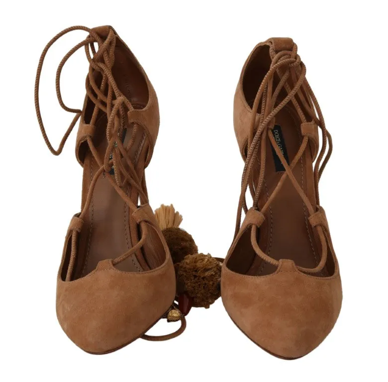 Brown Suede Tassel Ankle Strap Pumps
