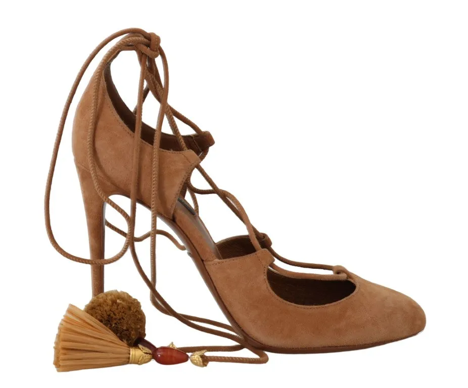 Brown Suede Tassel Ankle Strap Pumps