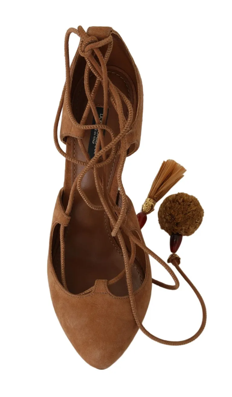 Brown Suede Tassel Ankle Strap Pumps