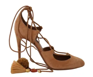 Brown Suede Tassel Ankle Strap Pumps
