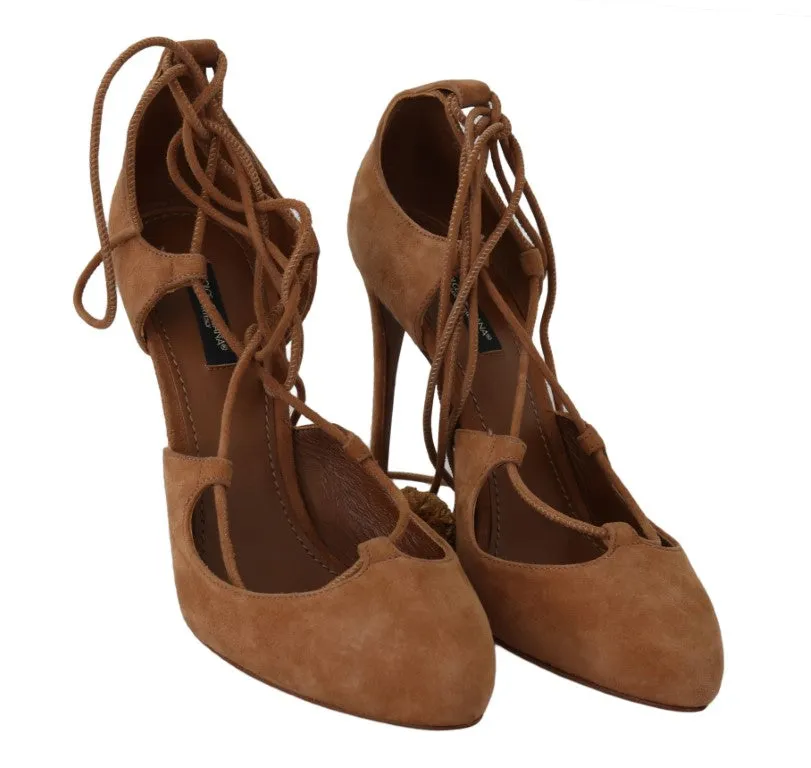 Brown Suede Tassel Ankle Strap Pumps