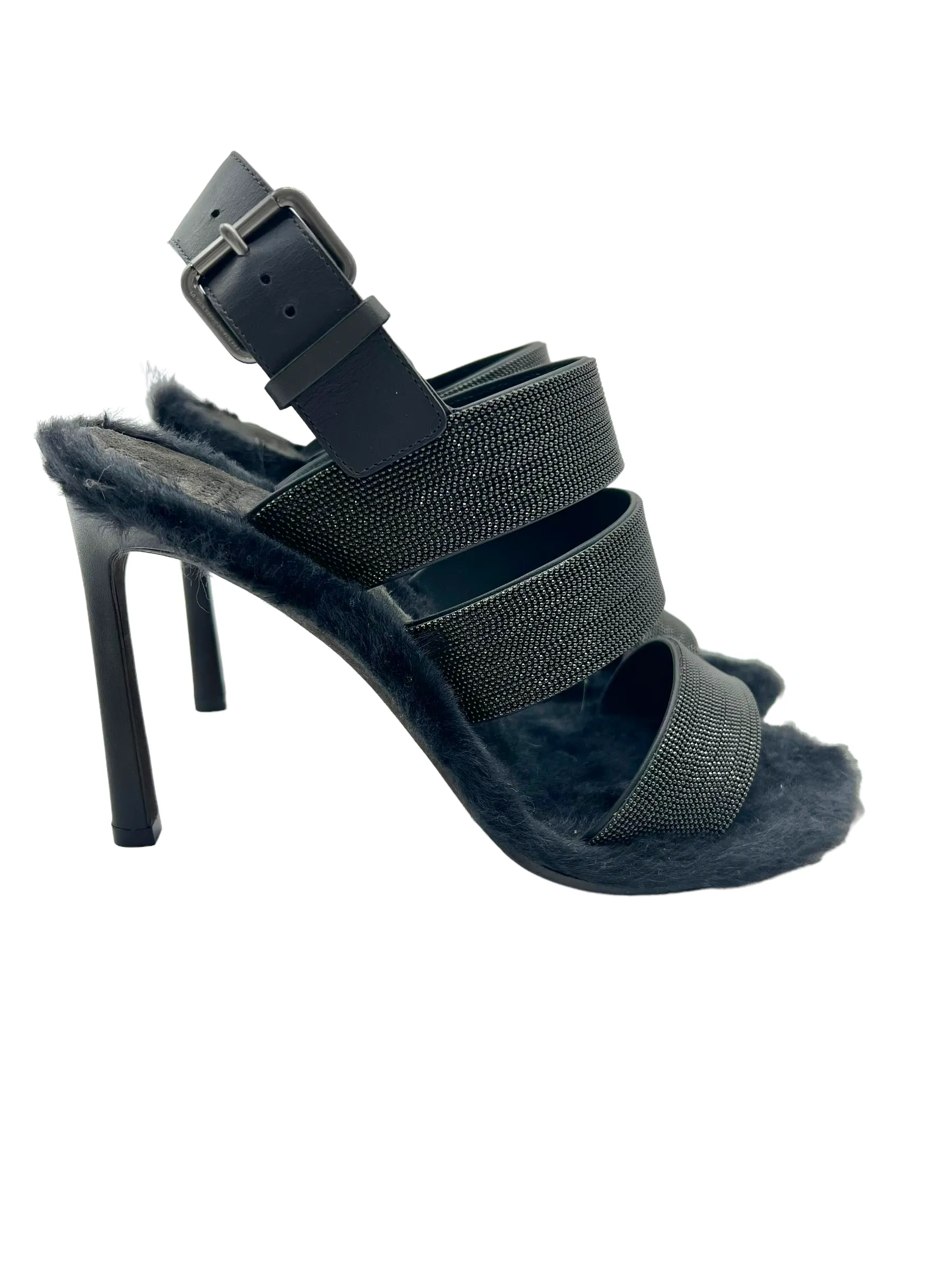 Brunello Cucinelli Black Beaded Fur Lined Size 37 Heels