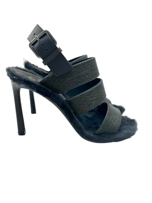 Brunello Cucinelli Black Beaded Fur Lined Size 37 Heels