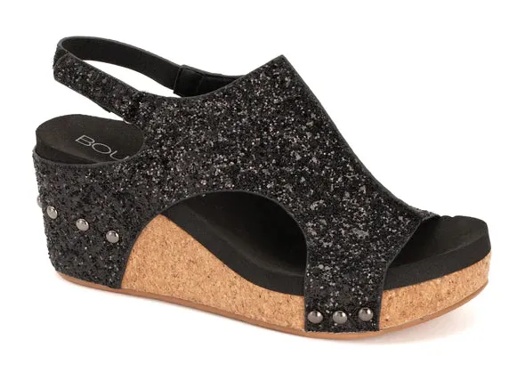Carley Black Glitter Corky Wedge Sandals