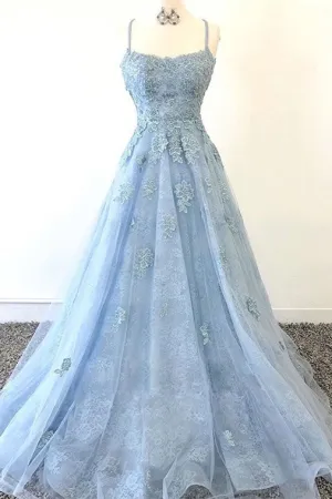 Charming A Line Spaghetti Straps Long Prom Dresses with Appliques OHC159