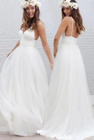 Cheap A Line Spaghetti Straps Floor-length Sleeveless Backless Long Tulle Bridal Gown Wedding Dresses OHD163