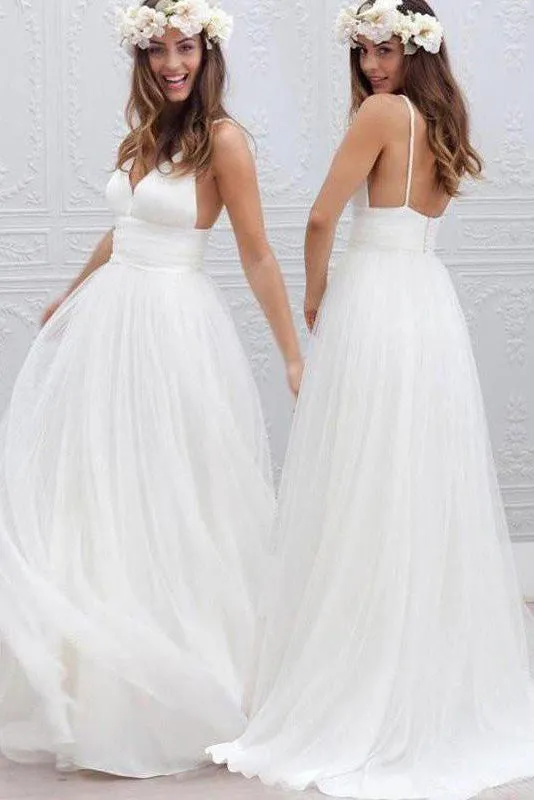 Cheap A Line Spaghetti Straps Floor-length Sleeveless Backless Long Tulle Bridal Gown Wedding Dresses OHD163