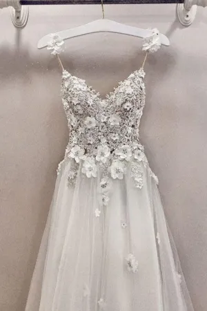 Chic A Line Spaghetti Straps Floor-length Sleeveless Appliques Flowers Sexy Long Tulle Prom Dress OHC198