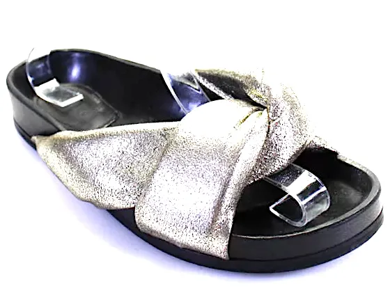 Chloe Paris. Silver/Black Plush Crossed Strap Flat Slides Sandals