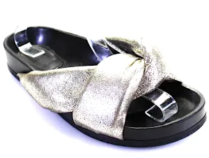Chloe Paris. Silver/Black Plush Crossed Strap Flat Slides Sandals