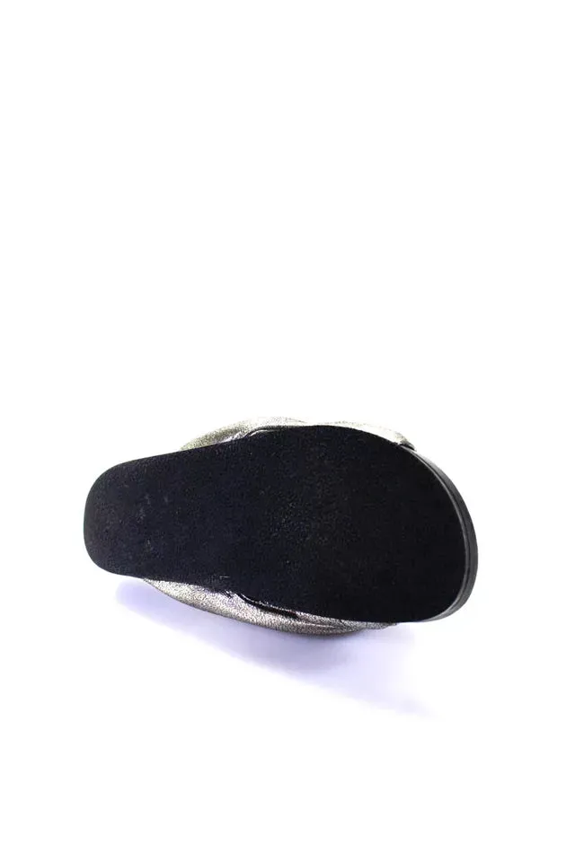 Chloe Paris. Silver/Black Plush Crossed Strap Flat Slides Sandals