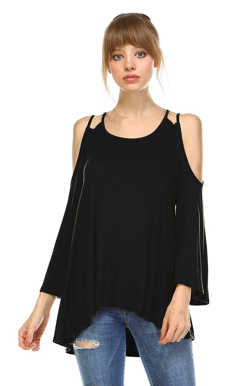 Cold Shoulder Top 3/4 Sleeves 2 String Strap Black