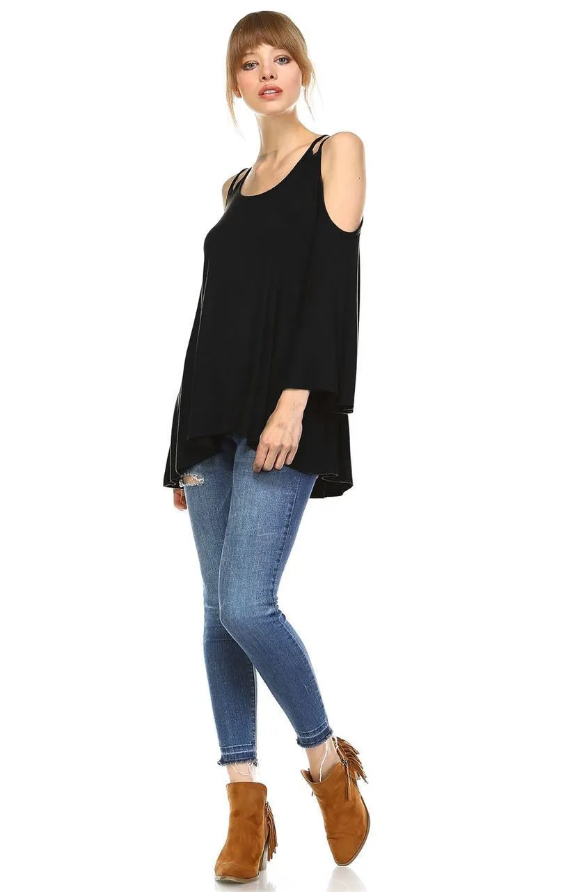 Cold Shoulder Top 3/4 Sleeves 2 String Strap Black