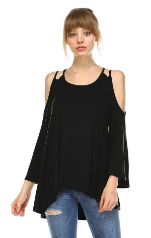Cold Shoulder Top 3/4 Sleeves 2 String Strap Black
