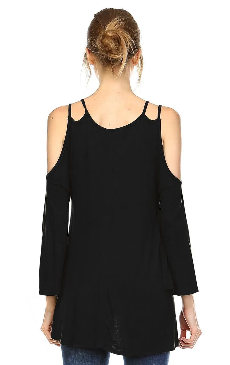 Cold Shoulder Top 3/4 Sleeves 2 String Strap Black