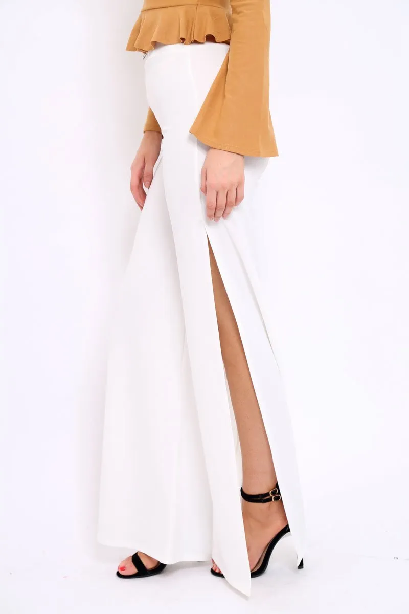 Cream Zip Front High Waisted Flare Trousers - Gerta