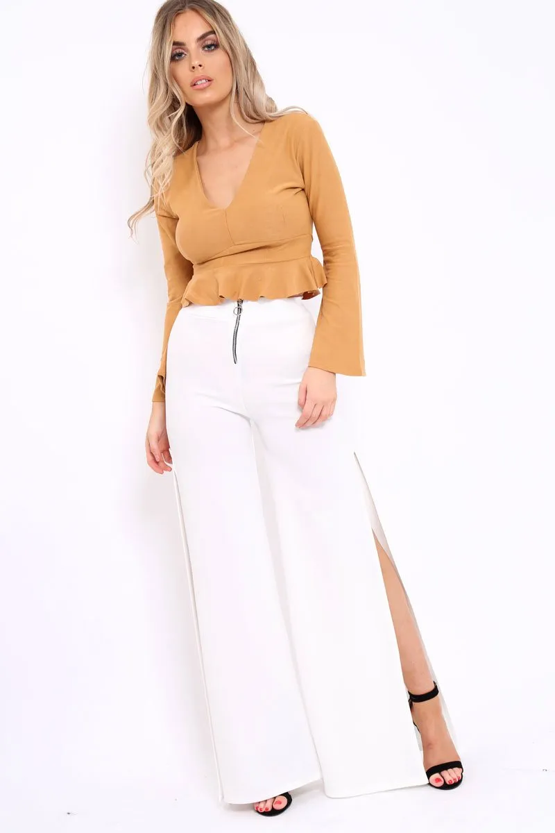 Cream Zip Front High Waisted Flare Trousers - Gerta
